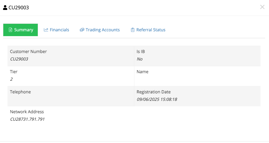 Client profile Summary tab showing CU29003 with Customer Number, Is IB, Tier, Name, Telephone, Registration Date, Network Address